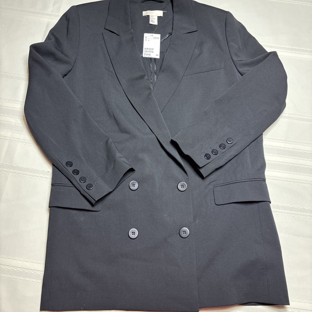 NWT H&M Women's Black Double Breasted Lined Blazer Button Closure Long Sleeve 8